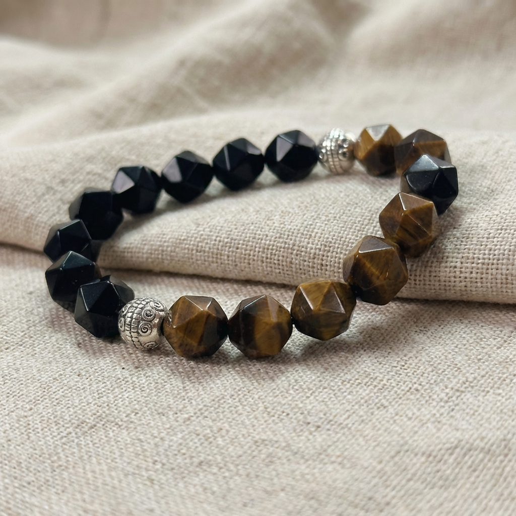 Xuan Yao Golden Glow Natural Ore Beaded Bracelet / Tiger's Eye - Obsidian - 925 Silver
